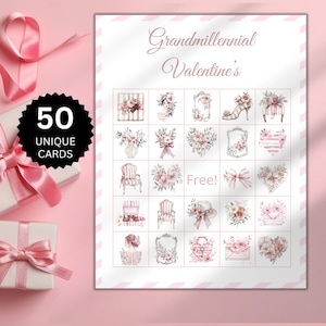 Grote millenniumbingo, afdrukbaar Valentijnsdagspel voor kinderen, kinderactiviteit, lichtroze strepen bloemenactiviteiten 50 kaarten