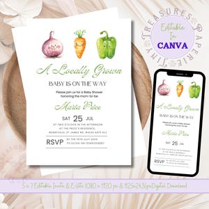 Paquete de invitaciones para baby shower con temática de mercado de agricultores, invitación editable de cultivo local, impresión con temática de vegetales, descarga de género neutro TPT105