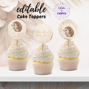 Topo de cupcake para chá de bebê para impressão de ouriço, topos de bolo para chá de bebê Woodland, natureza editável, gênero neutro, download digital TPT128