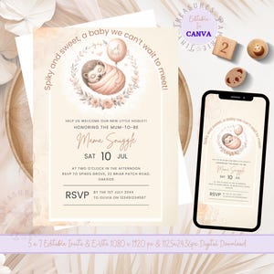Convite para chá de bebê para impressão de ouriço, convite para chá de bebê na floresta, tema de natureza editável, download digital de menina Hoglet TPT131