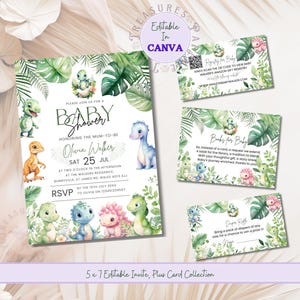 Paquete de invitaciones para baby shower con temática de dinosaurios, invitación editable de género neutro, fiesta temática de dinosaurios, plantilla pastel imprimible, descarga digital TPT101