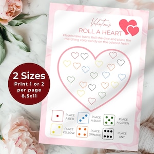 Rollen Sie ein Herz Würfelspiel, Valentinstag Aktivität für Kinder, Kinder Puzzle und Trivia, Farbanpassung druckbar, Familie oder Klassenzimmer