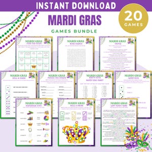 Paquete de juegos de Mardi Gras, divertidos juegos de carnaval para todas las edades, actividades imprimibles para la fiesta del Martes de Carnaval, juegos de trivia y rompecabezas para niños