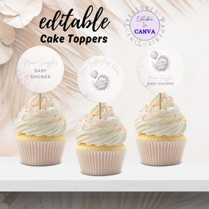 Topo de cupcake para chá de bebê para impressão de ouriço, topo de bolo para chá de bebê Woodland, download digital editável de menina lilás natural TPT135