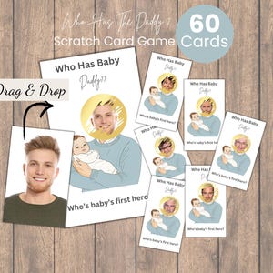 Qui a le jeu de baby shower papa, activité amusante pour la fête de bébé « Find the Daddy », qui est le papa ? Cartes de jeu imprimables, Trouvez le papa à gratter
