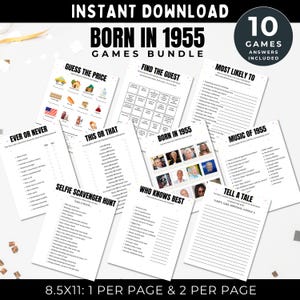 Birthday Party Games Born In 1955, Fun Activities Printable, Family Party Games Bundle, Celebrate Him Her Trivia Bingo Quiz, Guest Bingo