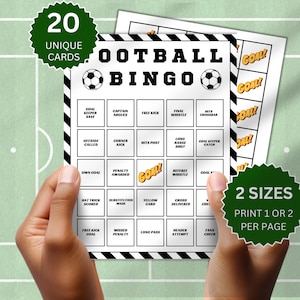Bingo con temática de fútbol, actividad imprimible en inglés, actividades de fútbol de 20 cartas, juego de equipo de fútbol para jugar en familia, fondo rayado