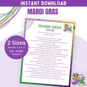 Mardi Gras Games Adults, Fat Tuesday Trivia, Carnival Party Activity, Printable Fun For Children and Adults, Mardi Gras Game