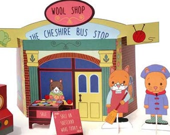 Paper toy - wool shop play set - printable - little cats, waiting by the wool shop, Cheshire bus stop