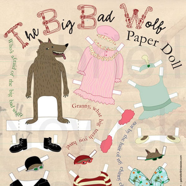 Big Bad Wolf - Paper doll - wolf paper doll - fairy tale doll - instant download - wolf paper craft
