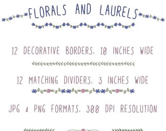 Florals and Laurels - springtime floral clipart 12 borders and 12 dividers  - 24 clipart images - PNG and JPG -  300 DPI -