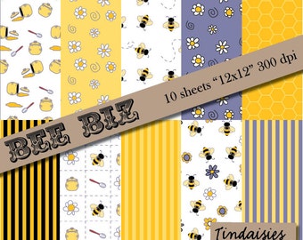 Digital Scrapbook Paper - Bee Theme - Package of 10 - "Bee Biz"