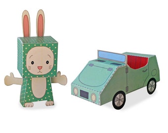 Paper Toy - Rabbit and Car - Play set - Instant Download