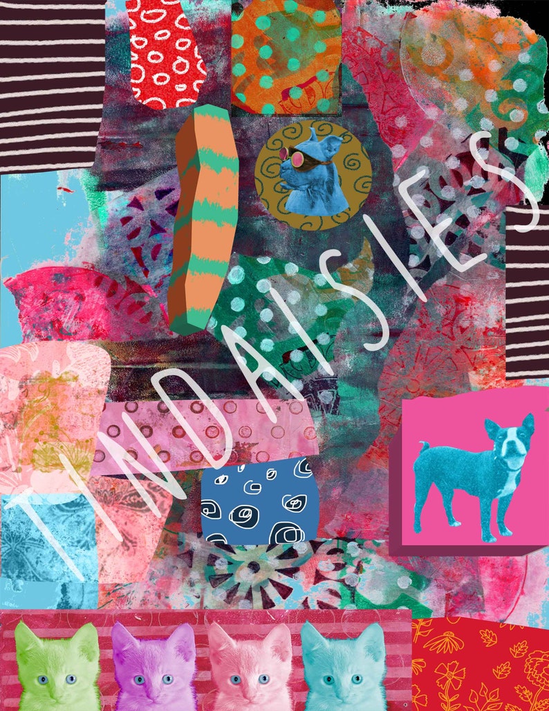 Bold Multicolor Collage Clip Sheet Mixed media Funky monoprint Digital Download JPG Multi colored Cats image 1