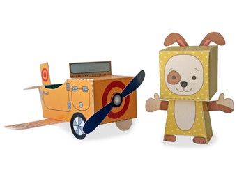 Dog and Airplane 3d paper craft kit,  toy play set for children. Instant download pdf