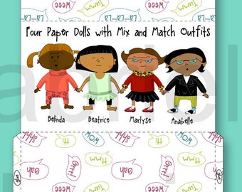 Paper Dolls With Matching Outfits Downloadable PDF - Four  Dolls