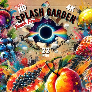 Lot de 22 cliparts Splash Garden | Collection de fruits frais - Illustration numérique | PNG 4k et 300 ppp | Utilisation commerciale, téléchargement immédiat