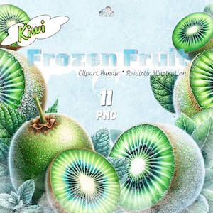 Lot de 11 cliparts de fruits surgelés | Collection Kiwi - Illustration réaliste | PNG 4k et 300 ppp | Utilisation commerciale, téléchargement immédiat