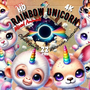 Lot de 22 cliparts licorne arc-en-ciel | Collection d'animaux mélangés - Illustration aquarelle | PNG 4k et 300 ppp | Utilisation commerciale, téléchargement immédiat