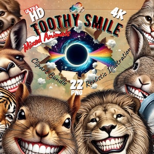 Lot de 22 cliparts « Sourire à pleines dents » | Collection d'animaux mixtes - Illustration réaliste | PNG 4k et 300 ppp | Utilisation commerciale, téléchargement immédiat