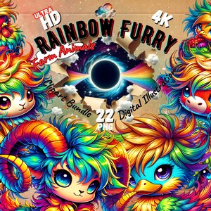 Lot de 22 cliparts à fourrure arc-en-ciel | Collection d'animaux de la ferme - Illustration numérique | PNG 4k et 300 ppp | Utilisation commerciale, téléchargement immédiat