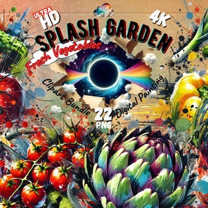 Lot de 22 cliparts Splash Garden | Collection de légumes frais - Illustration numérique | PNG 4k et 300 ppp | Utilisation commerciale, téléchargement immédiat