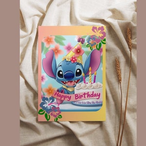 Stitch verjaardagskaart digitale download - afdrukbare pdf-verjaardagskaart met bloemen - digitale download - ontwerp schattige verjaardagstaart