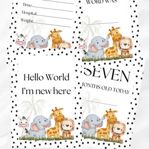 Cartes bébé jalon imprimables - adorable suivi mensuel, souvenir de bébé, thème Safari, cartes de première année, cartes mémoire, téléchargement immédiat