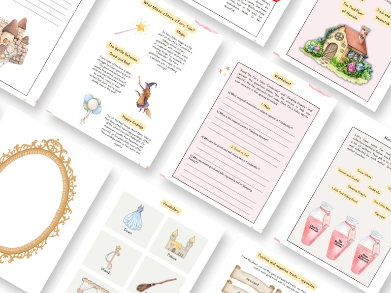 以下が含まれることがあります： おとぎ話について学ぶための、子供向けの印刷可能なワークシートです。ワークシートには、王冠、魔法の杖、宮殿、ほうきの画像を含む語彙セクションがあります。また、魔法の杖、魔女、風船の画像を含む、物語をおとぎ話にする要素についてのセクションもあります。ワークシートには、城と家の画像を含む、善と悪の戦いについてのセクションも含まれています。