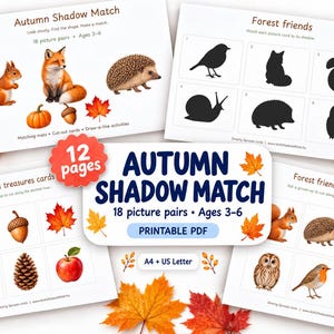Könnte beinhalten: Ein druckbares PDF-Aktivitätsset mit dem Titel Autumn Shadow Match, bestehend aus 12 Seiten mit Lernblättern zum Thema Wald. Die Seiten enthalten Illustrationen von Eichhörnchen, Fuchs, Igel, Kürbis, Eichel und Eule.