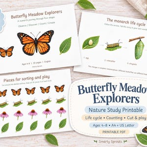 May include: A 30-page printable educational set titled Butterfly Meadow Explorers, featuring monarch butterfly life cycle illustrations, sorting activities, and counting exercises. The pages include diagrams of eggs, caterpillars, chrysalises, and butterflies, with text in English for ages 4-8.
