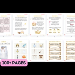 以下が含まれることがあります： シンデレラをテーマにした100ページ以上の印刷可能なアクティビティブック。この本には、単語検索、マッチングゲーム、塗り絵などのアクティビティが含まれています。ページは薄いピンクとゴールドのカラーテーマで飾られており、シンデレラ、馬車、ガラスの靴のイラストが描かれています。