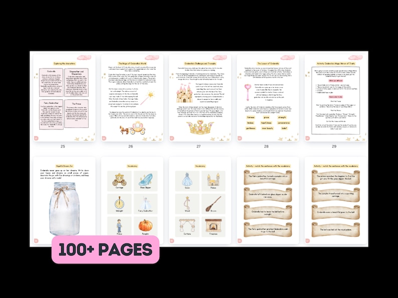 以下が含まれることがあります： シンデレラをテーマにした100ページ以上の印刷可能なアクティビティブック。この本には、単語検索、マッチングゲーム、塗り絵などのアクティビティが含まれています。ページは薄いピンクとゴールドのカラーテーマで飾られており、シンデレラ、馬車、ガラスの靴のイラストが描かれています。