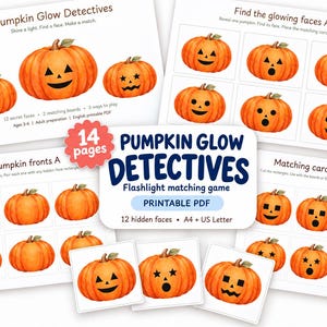 Op de afbeelding: Een 14-pagina's tellend printbaar PDF-spel genaamd Pumpkin Glow Detectives. De set bevat bijpassende borden en kaarten met aquarelillustraties van oranje pompoenen met diverse zwarte gezichtsuitdrukkingen voor een zaklamp-spel.