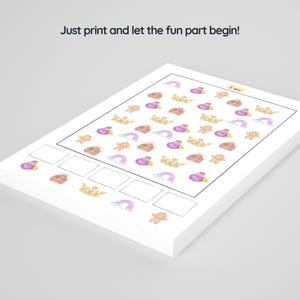 以下が含まれることがあります： 子供向けの数の数え方の練習ができる印刷可能なワークシートです。ワークシートには、王冠、虹、ジンジャーブレッドマン、魔法薬の瓶のカラフルな画像がグリッド状に並んでいます。ワークシートの下部には、画像を数えるための空のボックスがあります。