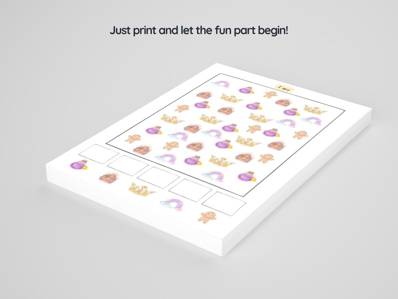 以下が含まれることがあります： 子供向けの数の数え方の練習ができる印刷可能なワークシートです。ワークシートには、王冠、虹、ジンジャーブレッドマン、魔法薬の瓶のカラフルな画像がグリッド状に並んでいます。ワークシートの下部には、画像を数えるための空のボックスがあります。