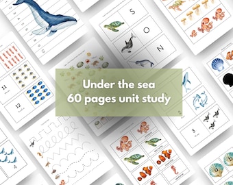 Sea Montessori Unit Study for Kids | 60 Pages of Printable Activities | 3-Part Flashcards, Alphabet, Initial Sounds, Shadow Matching more