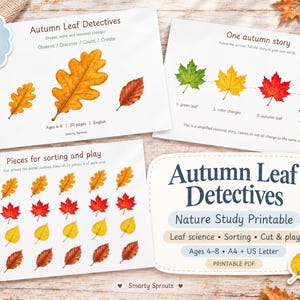 May include: A printable educational activity set titled Autumn Leaf Detectives featuring 30 pages of leaf illustrations, sorting tasks, and seasonal stories for ages 4-8. Includes colorful oak, maple, and birch leaf graphics in a PDF format.