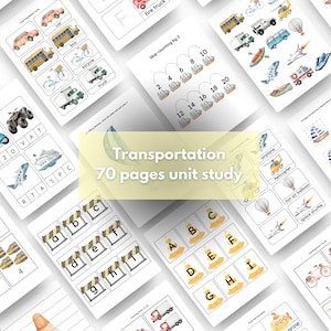 Può includere: Un set di 70 fogli di lavoro stampabili per uno studio unitario sui trasporti. I fogli di lavoro presentano vari veicoli di trasporto, tra cui auto, autobus, biciclette, camion, aerei, elicotteri, mongolfiere e navette spaziali. I fogli di lavoro includono attività come il conteggio, l'abbinamento e il riconoscimento dell'alfabeto.