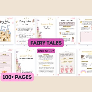 以下が含まれることがあります： おとぎ話のためのカラフルな印刷可能なユニットスタディ。表紙には、金色のアクセントが施されたピンクの城と「Fairy Tales Unit Study」というテキストが書かれています。ページには、おとぎ話の起源、おとぎ話の特徴、おとぎ話がどのように進化してきたかについてのレッスンが含まれています。
