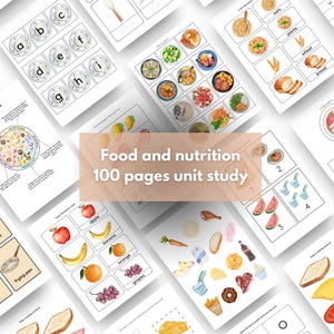 May include: A set of 100 printable worksheets for a food and nutrition unit study. The worksheets feature colorful illustrations of various foods, including fruits, vegetables, grains, and dairy products. The worksheets are designed to help children learn about different food groups, healthy eating habits, and the importance of nutrition.