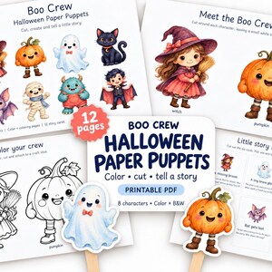 May include: A printable PDF set of Boo Crew Halloween paper puppets featuring 12 pages of 8 characters, coloring pages, and story cards. The illustrations include a witch, pumpkin, ghost, black cat, bat, mummy, monster, and vampire.