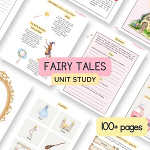 以下が含まれることがあります： おとぎ話ユニットスタディのための印刷可能なワークシートのセット。ワークシートには、城、魔女、魔法の杖、王冠、ボトル、家のイラストが描かれています。ワークシートのテキストには、「Fairy Tales Unit Study」と「100+ pages」が含まれています。
