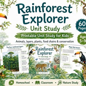 以下が含まれることがあります： 「Rainforest Explorer」と題された、子供向けのカラフルな教育用印刷可能なユニットスタディ。熱帯雨林の動物、植物、層のイラストが含まれており、「Printable Unit Study for Kids」と「Ages 5-10」のテキストが記載されています。