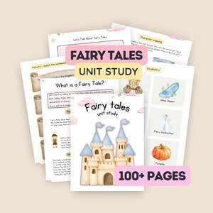 以下が含まれることがあります： おとぎ話のためのカラフルな印刷可能なユニットスタディ。表紙には、ピンクのバナーに「Fairy Tales Unit Study」と書かれた、水彩画の城のイラストが描かれています。表紙には「100+ Pages」というテキストも含まれています。