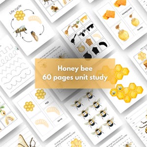 May include: A set of 60 printable worksheets for a honey bee unit study. The worksheets feature colourful illustrations of honey bees, honeycombs, and other bee-related items. The worksheets include activities such as tracing, matching, and sequencing.