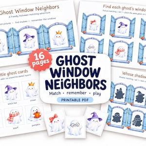 Könnte beinhalten: Ein 16-seitiges druckbares PDF-Aktivitätsset mit dem Titel Ghost Window Neighbors mit Aquarellillustrationen von Geistern in blauen Fenstern. Enthält Zuordnungsspiele, Schattenrätsel und ausschneidbare Karten mit Geistern, die Schleifen, Hüte, Kronen, Brillen, Schals und Kürbisse tragen.