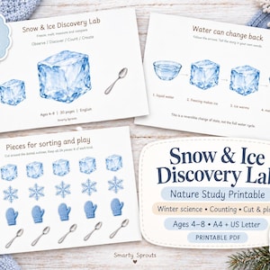 Snö och is - Utskrivbar studieenhet, vinteraktiviteter för naturvetenskap och matematik, åldrarna 4-8, 30-sidig PDF