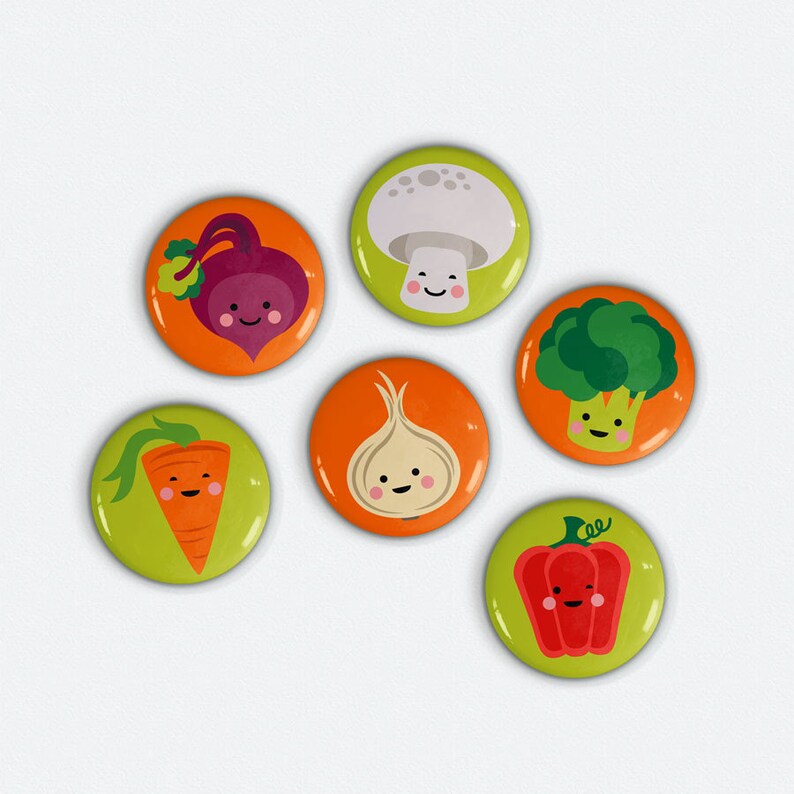 Cute Veggies 1 inch magnets 6 cute vegetable illustrations