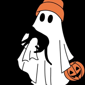 Puede incluir: Un fantasma blanco con un gorro naranja sostiene un gato negro en sus brazos. Una calabaza tallada se encuentra a los pies del fantasma.